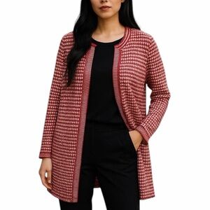 Talbots Red & White 100% Merino Wool Open Front Cardigan Size XL